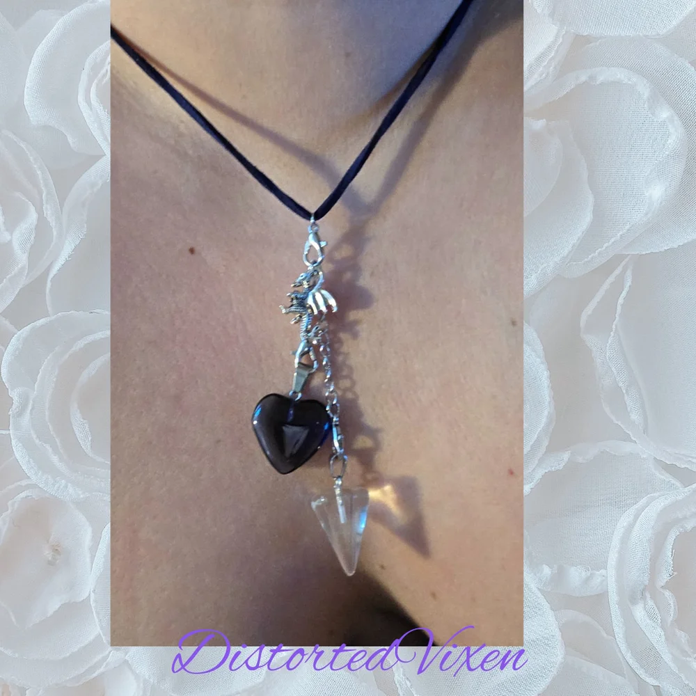 Navy Blue Glass Heart & Clear Glass Pendulum Necklace – with dragon charm